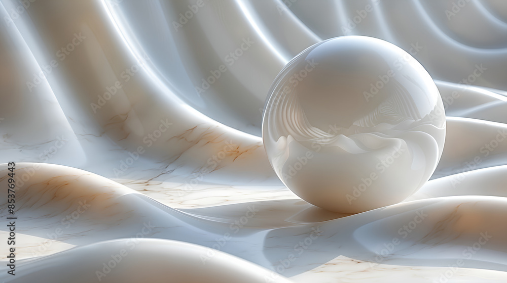 A 3D white ball casting soft shadows onto a curved white background A 3D white ball casting soft shadows onto a curved white background
