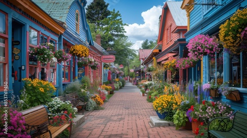 Fototapeta Naklejka Na Ścianę i Meble -  A picturesque main street lined with quaint shops and cozy cafes, adorned with vibrant flower boxes under a clear blue sky. The charm of the small town is evident in the well-preserved historic
