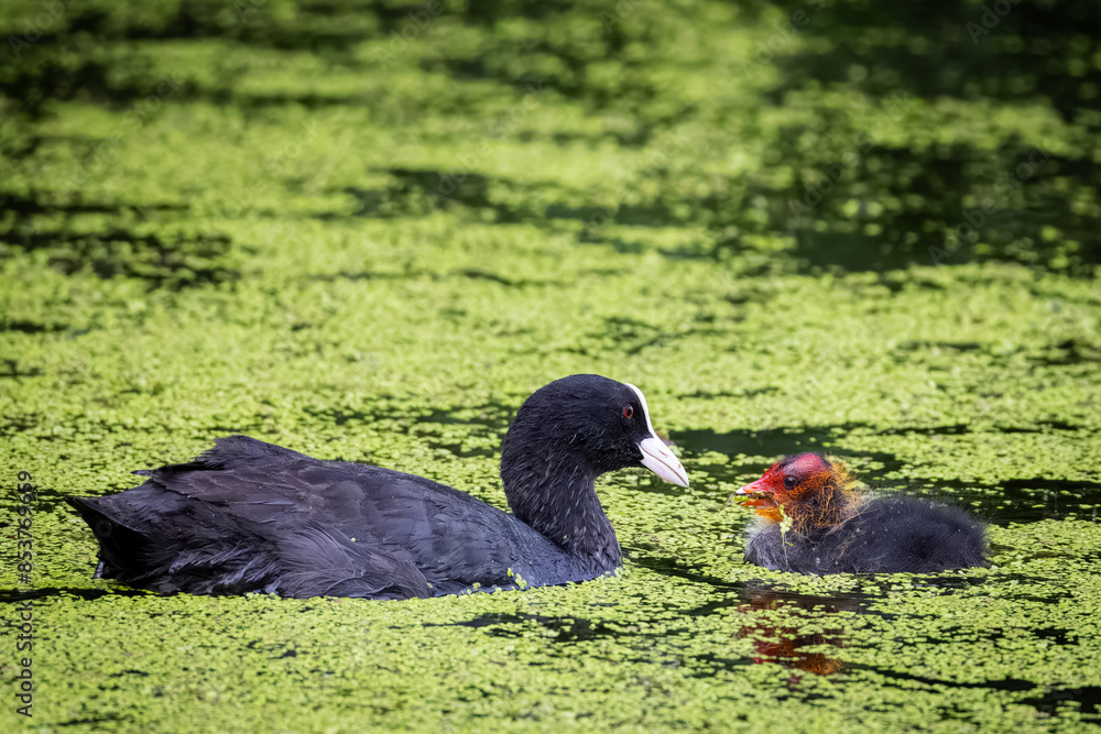 An adult common coot feeds its chick in the water with green lemna on a cloudy summer evening.