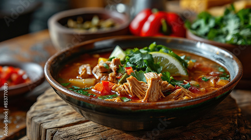 Delicious Chicken Curry In A Black Bowl On Wooden Table On Blurry Background