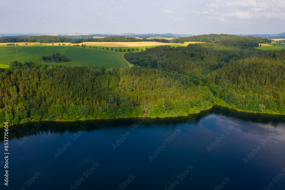 Aerial photography of a beautiful landscape. Winding river, dense forests, agricultural fields. Beauty of nature. Germany Aerial photography of a beautiful landscape. Winding river, dense forests, agricultural fields. Beauty of nature. Germany