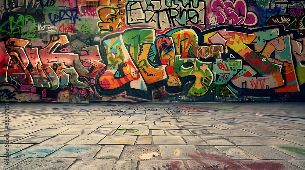 Fototapeta premium A graffiti wall with vibrant colors and bold lettering, showcasing the art of street style urban graffiti. The background is an empty concrete floor, perfect for adding text or photographs. A photo