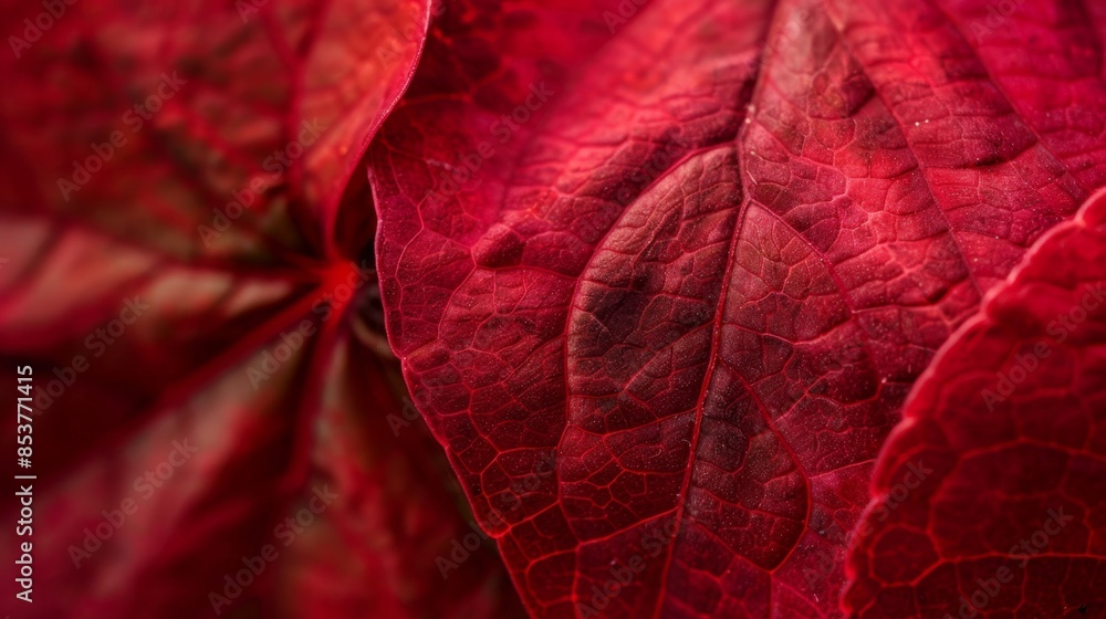 Fototapeta premium Macro shot capturing the intricate details of vibrant red flower petals, showcasing their texture and vivid color.