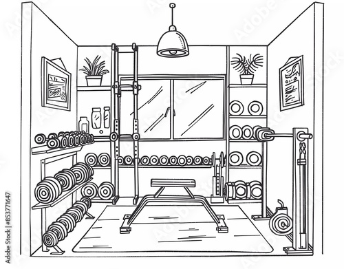 sketch of modern gym interior with barbells, dumbbells and mirrors on the wall, in coloring page drawing style with simple lines and black lines only without color photo