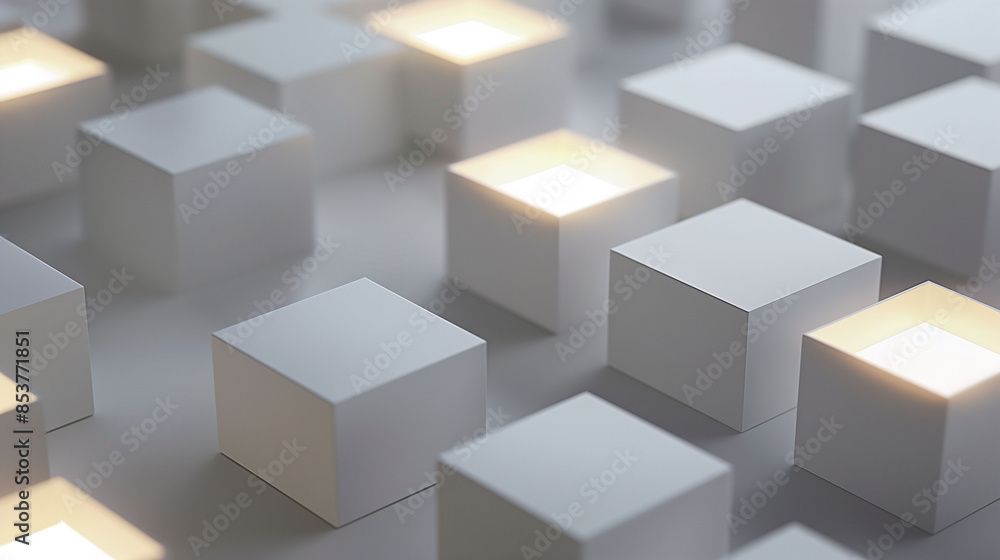 Close-up of individual LED lights emitting white light in a simple, three-dimensional, square, paper-like geometric pattern. The background is gray. Create an atmosphere that encourages peace Close-up of individual LED lights emitting white light in a simple, three-dimensional, square, paper-like geometric pattern. The background is gray. Create an atmosphere that encourages peace