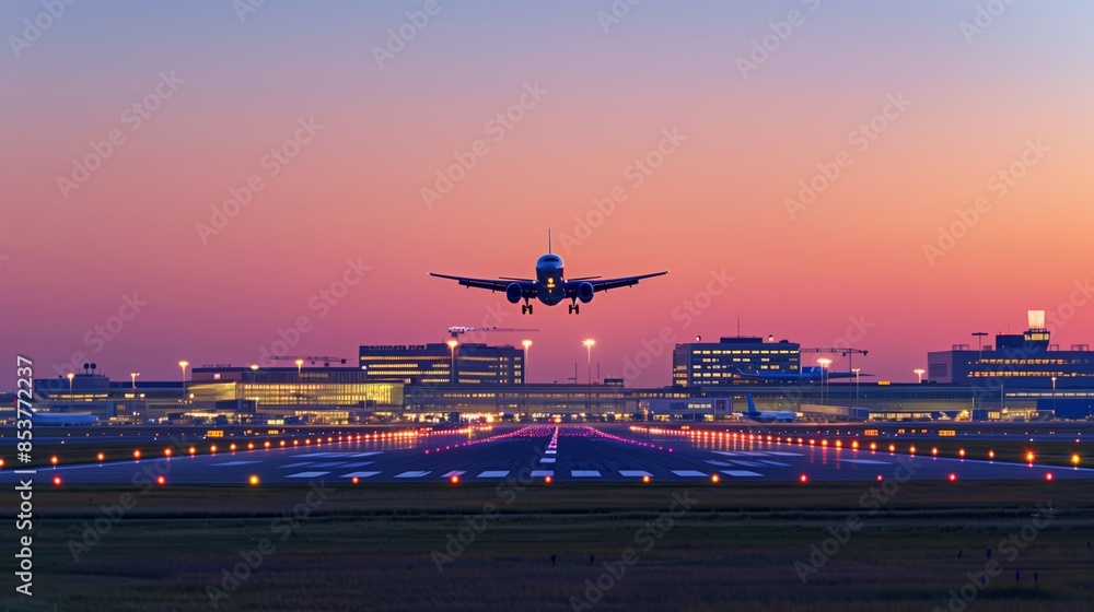 High-Tech Landing: Airplane's Landing Gear Touching Down on a Dynamic Runway High-Tech Landing: Airplane's Landing Gear Touching Down on a Dynamic Runway