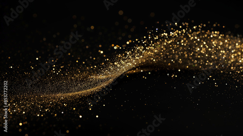 A single trail of sparkling gold glitter on a black background, with the trail transforming into an elegant and graceful curve that conveys movement and fluidity. The particles in each grain sparkle 