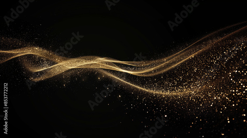 A single trail of sparkling gold glitter on a black background, with the trail transforming into an elegant and graceful curve that conveys movement and fluidity. The particles in each grain sparkle 