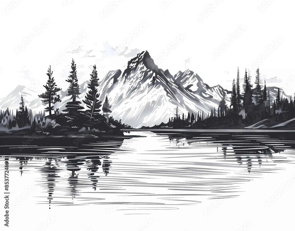 Beautiful mountain landscape with river graphic black and white vector illustration background sketch Beautiful mountain landscape with river graphic black and white vector illustration background sketch