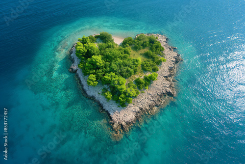 Heart shaped paradise island in the middle of the ocean, aerial view. Tropical island from above, perfect vacation vibes. Heart carved by nature, love and romantic concept, bird eye view