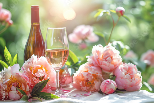 Bottle and glass of rose wine near beautiful peonies on wooden table in garden, closeup. Romantic summer picnic table, hedonistic composition. Refreshing alcoholic summer drink.