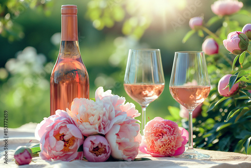 Bottle and glasses of rose wine near beautiful peonies on wooden table in garden, closeup. Romantic summer picnic table, hedonistic composition. Refreshing alcoholic summer drink. photo