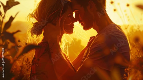 Embracing Love at Golden Hour - Intimate Couple Embraces in Warm Tones at Eye Level, Illustrative Romance and Affection