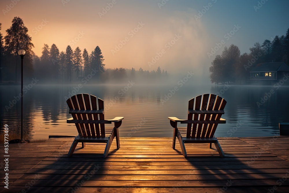 Two Empty Wood Chairs, Morning Lake View, Mist Swamp Wooden Pier, Nature Landscape, Misty Night Two Empty Wood Chairs, Morning Lake View, Mist Swamp Wooden Pier, Nature Landscape, Misty Night