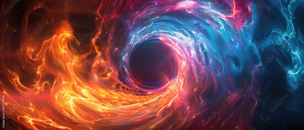 abstract colorful glowing light swirl spiral energy on black hole in dark space wide background with movement effect, energy flow and future technology concept abstract colorful glowing light swirl spiral energy on black hole in dark space wide background with movement effect, energy flow and future technology concept
