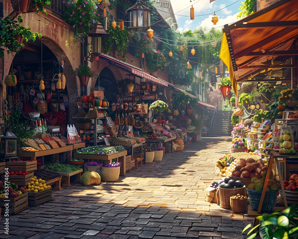 A vibrant market scene with stalls selling handmade crafts and local goods. A vibrant market scene with stalls selling handmade crafts and local goods.