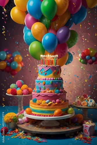 birthday illustration, balloons, cake, gift, colorful