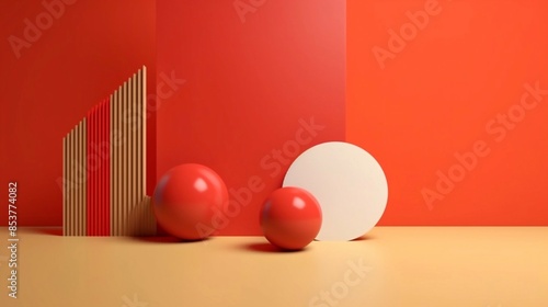 A minimalist abstract composition with red and beige colors featuring geometric shapes like spheres and rods, creating a modern and sleek design. Perfect for backgrounds or contemporary decor