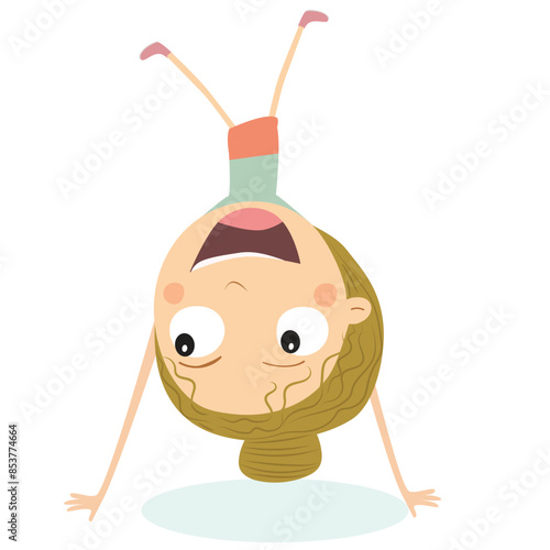 Girl with bun hair having fun doing handstand exercise smiling. Vector Illustration.