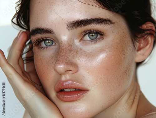 Close-up of Woman with Freckles and Natural Makeup, Intense Gaze, Soft Lighting, Beauty Portrait 