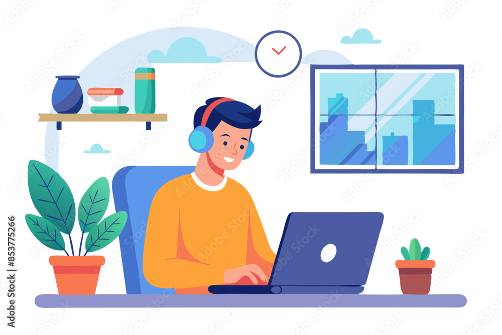 Man working remotely with headset and laptop in modern office modern flat design simple vector illustration isolated transparent background; Man working remotely with headset and laptop in modern office modern flat design simple vector illustration isolated transparent background;