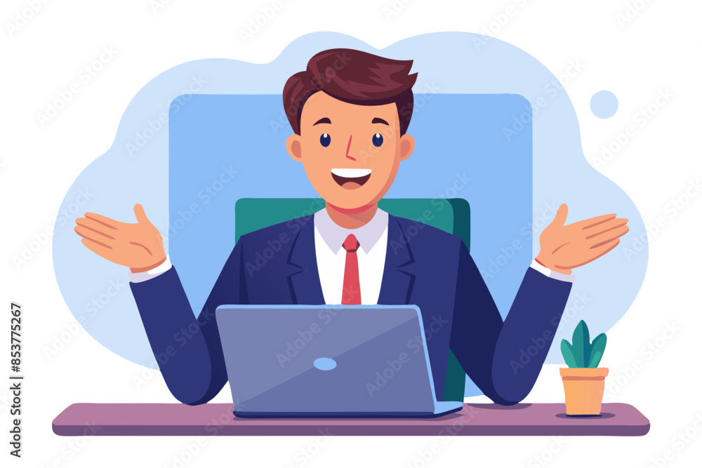 Close-up photo of a handsome young man businessman working in the office sitting at a laptop and gesturing with his hands excitedly and talking on a video call modern flat design simple vector Close-up photo of a handsome young man businessman working in the office sitting at a laptop and gesturing with his hands excitedly and talking on a video call modern flat design simple vector