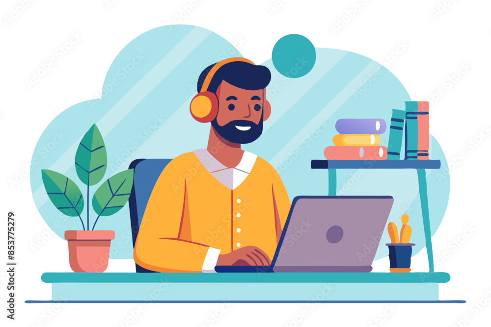 Indian young man working in the office on a laptop sitting at the table with headphones and listening to music relaxing and singing along modern flat design simple vector illustration isolated Indian young man working in the office on a laptop sitting at the table with headphones and listening to music relaxing and singing along modern flat design simple vector illustration isolated