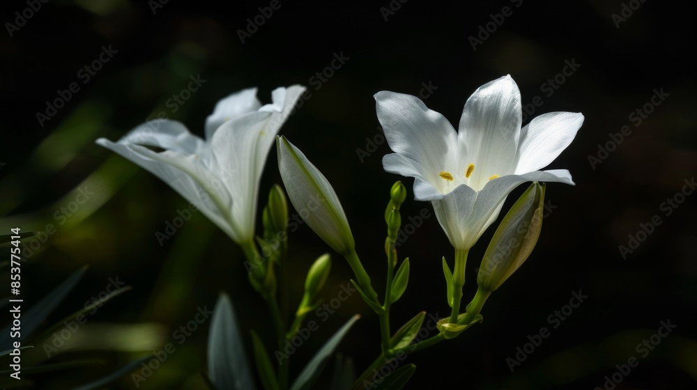 Fototapeta premium Two white flowers are in a dark background