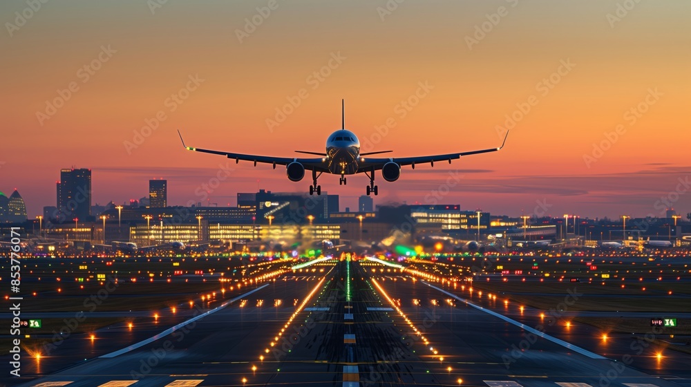 High-Tech Landing: Airplane's Landing Gear Touching Down on a Dynamic Runway High-Tech Landing: Airplane's Landing Gear Touching Down on a Dynamic Runway