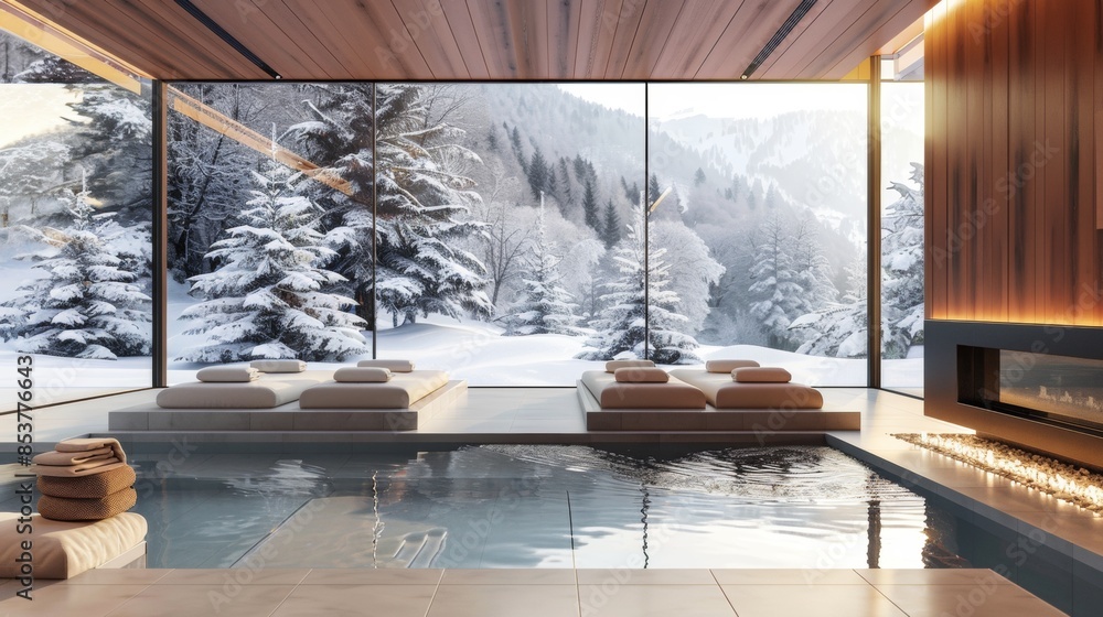 A large, open pool with a fireplace in the background A large, open pool with a fireplace in the background