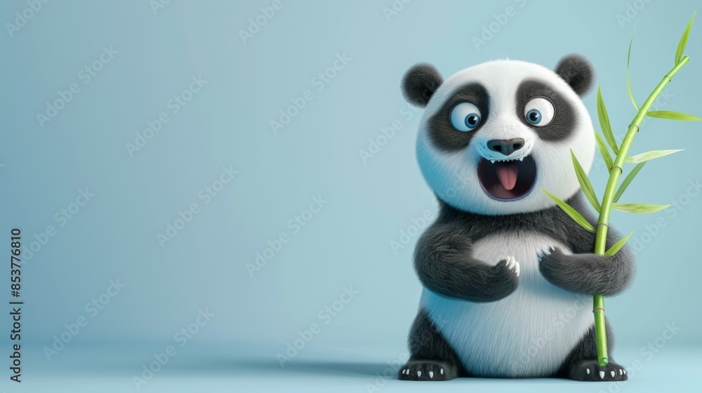 A cute panda with bamboo leaves over light blue background A cute panda with bamboo leaves over light blue background