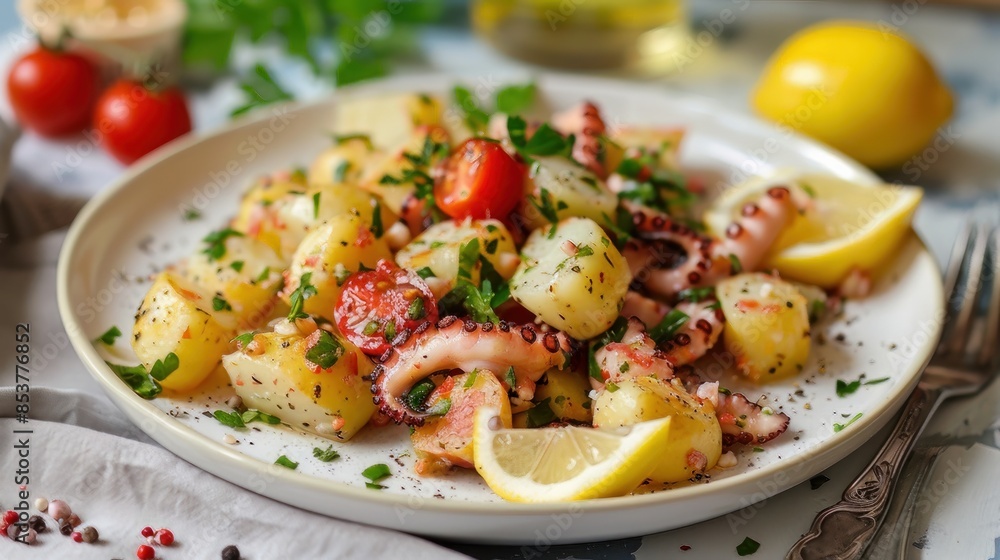 Octopus and potato salad served on a white plate with tomatoes and lemon slices Octopus and potato salad served on a white plate with tomatoes and lemon slices