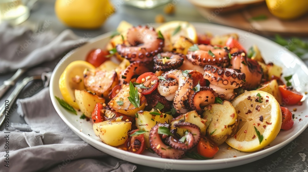 Octopus and potato salad served on a white plate with tomatoes and lemon slices Octopus and potato salad served on a white plate with tomatoes and lemon slices
