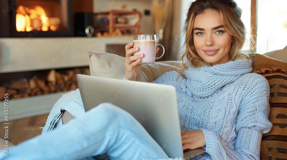 Comfortable woman smiling at camera while holding a cup of coffee and working on a laptop Comfortable woman smiling at camera while holding a cup of coffee and working on a laptop