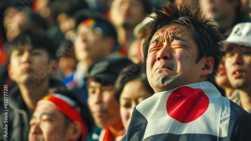 泣き叫ぶ日本のサッカーファンのクローズアップ