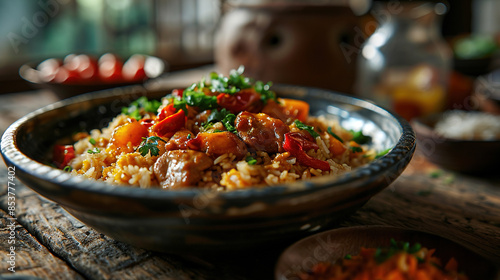 Delicious Chicken Curry On White Steamed Rice On Plate On Blurry Background