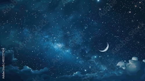 Nighttime sky featuring stars and crescent moon. Generative AI