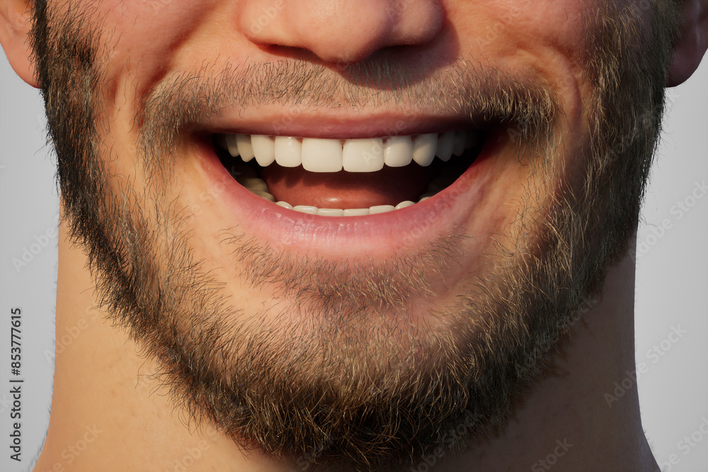 Close-up 3D illustration of a man smiling with joy. Close-up 3D illustration of a man smiling with joy.