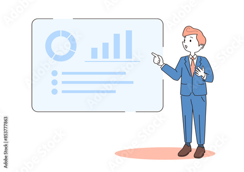 プレゼンテーションをするビジネスマンのイラスト　発表や提案のコンセプト　ベクター素材