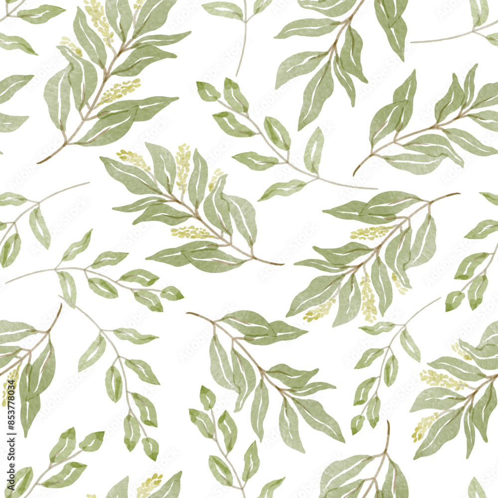 Watercolour green leaves on white background, hand drawn, vector. Seamless floral pattern-340. Watercolour green leaves on white background, hand drawn, vector. Seamless floral pattern-340.
