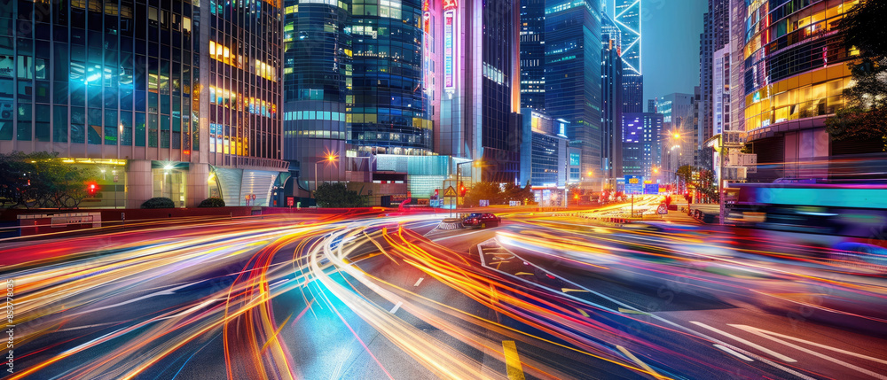 the dynamic energy of a busy city traffic intersection rush hour with streaks of headlights, long exposures and back lights creating colorful pattern against the wide backdrop of towering skyscrapers the dynamic energy of a busy city traffic intersection rush hour with streaks of headlights, long exposures and back lights creating colorful pattern against the wide backdrop of towering skyscrapers