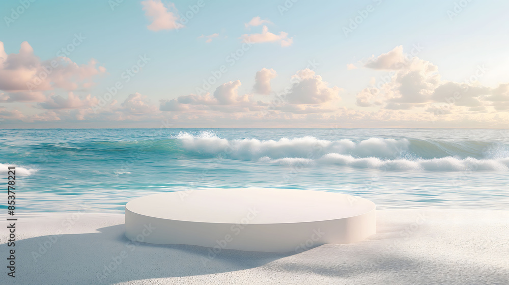 Blank podium design on the beach for product displays Blank podium design on the beach for product displays