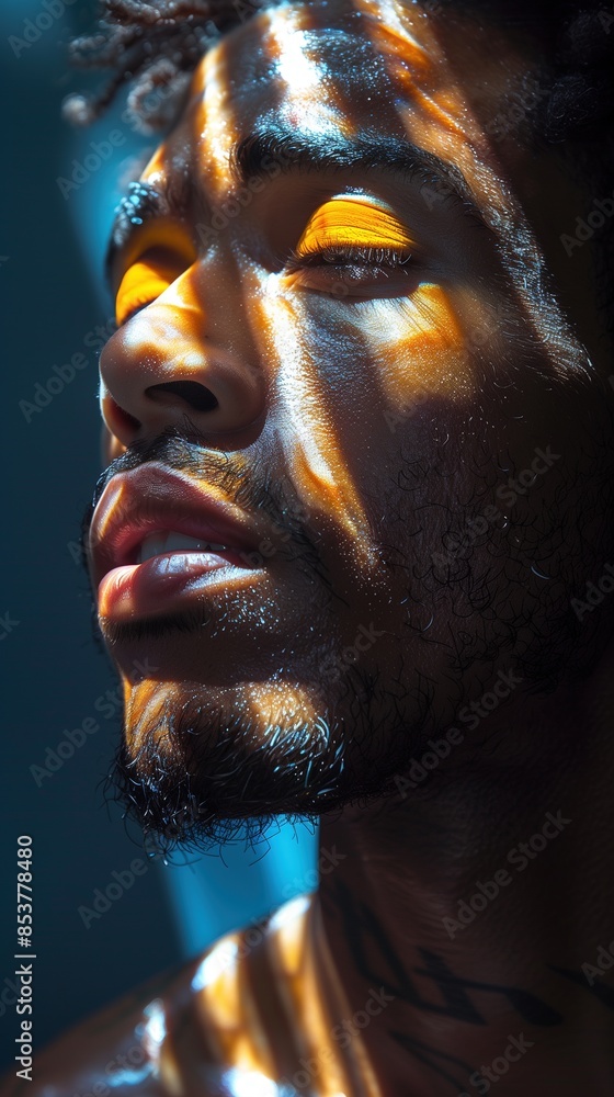 Dramatic Portrait of a Man with Vibrant Yellow Eyeshadow and Reflective Lighting Effects
Dramatic Portrait of a Man with Vibrant Yellow Eyeshadow and Reflective Lighting Effects