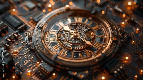 Antique Clockwork with Digital Elements: Show an intricate antique clockwork mechanism interwoven with digital circuit board patterns, symbolizing the convergence of past and future technologies.  © tanongsak