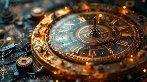 Wallpaper Mural Antique Clockwork with Digital Elements: Show an intricate antique clockwork mechanism interwoven with digital circuit board patterns, symbolizing the convergence of past and future technologies.  Torontodigital.ca