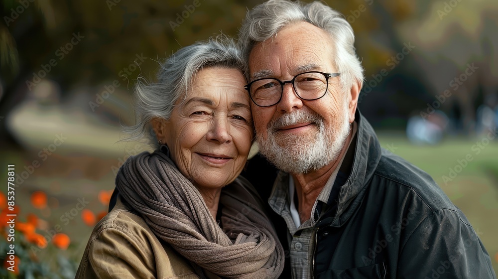 An affectionate elderly couple embraces each other with a smile in an outdoor setting with orange flowers An affectionate elderly couple embraces each other with a smile in an outdoor setting with orange flowers