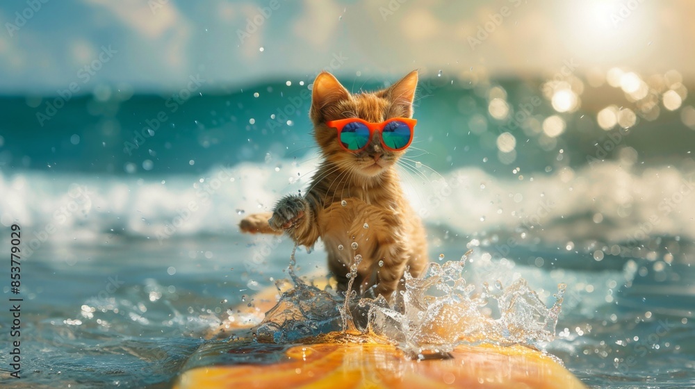 Obraz premium A cat surfing with high tide with water splashes
