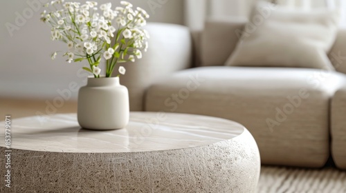 A stylish marble coffee table in a living room with soft, neutral decor. A marble coffee table brings elegance to a minimalist living room.