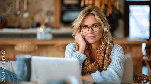 Confident woman enjoys music with earphones while using her laptop