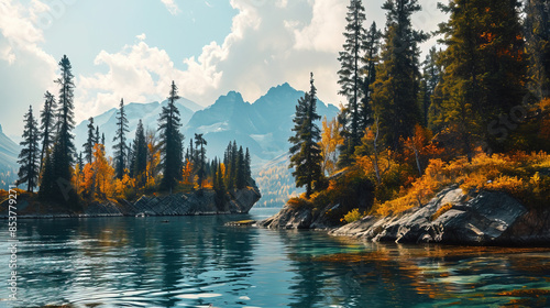 Beautiful Alpine Landscape With Mountains And Water Lake and Pine Trees Background photo